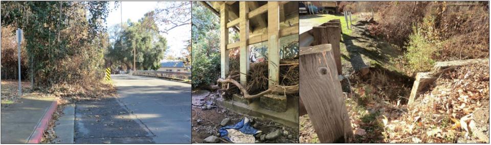 Series of three photos that provide examples of deterioration of the bridge and roadway infrastructure.